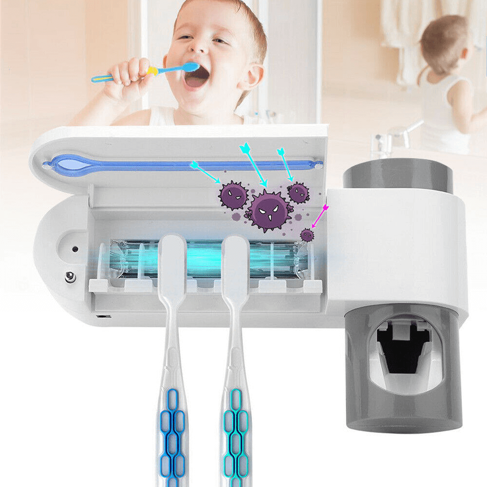 Automatic Toothpaste Squeezers Dispenser and Sterilizer | 3 in 1 UV Light Ultraviolet Toothbrush Sterilizer Toothbrush Holder Automatic Toothpaste Squeezers Dispenser Oral Care US/EU/UK